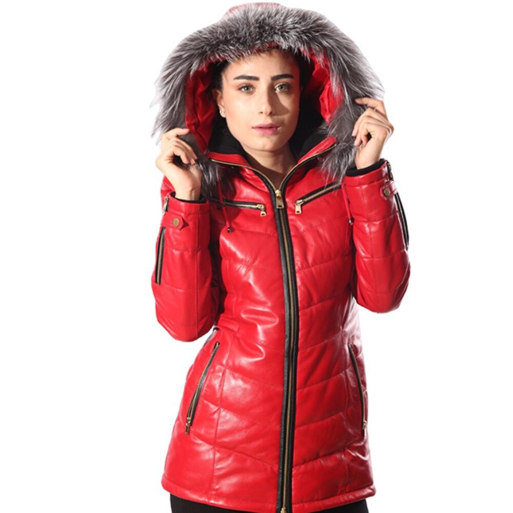 Monica Womens Real Silver Fox Fur Hooded Leather Jacket